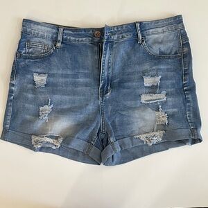Women's Distressed Denim Roll-Cuff Shorts - Blue